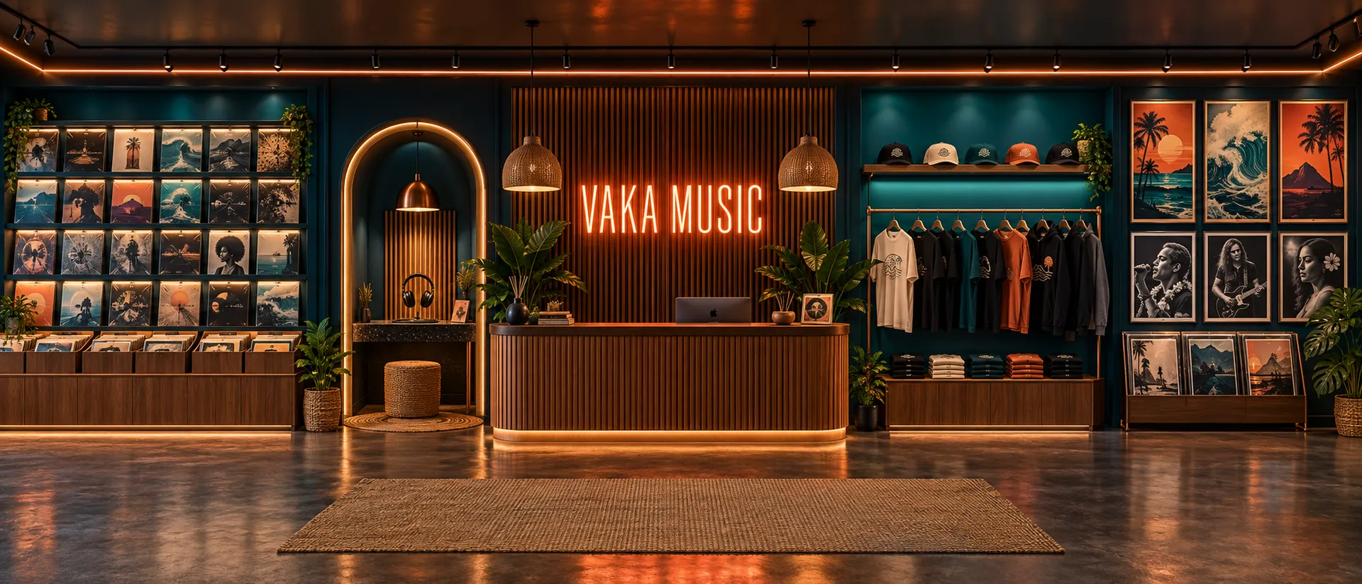 The Vaka Music showroom: a wall of records, a listening booth, the neon Vaka Music counter, a merch rack, and an art wall
